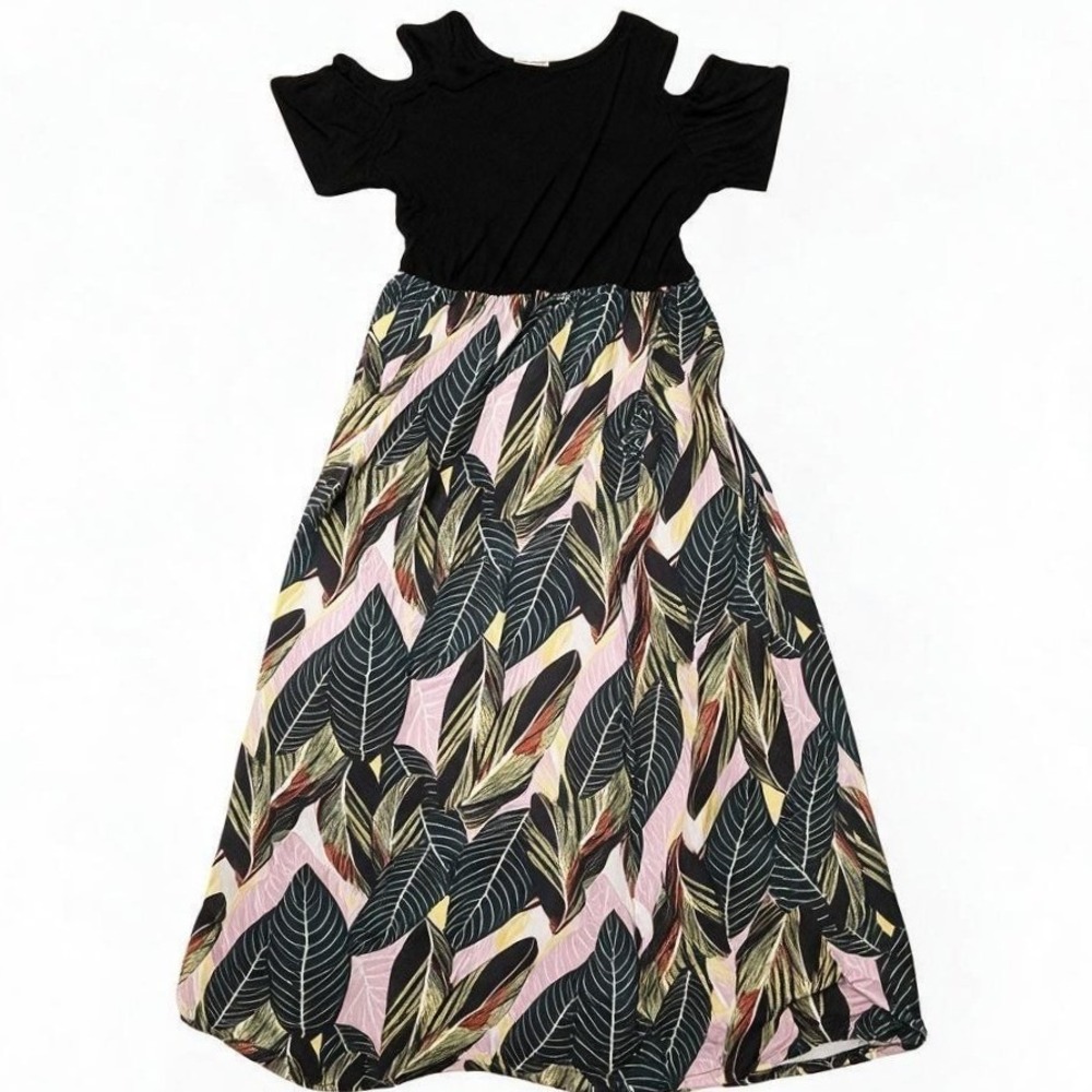 Kancystore Womens XXL Black Tropical Leaf Print Cold Shoulder Maxi Dress